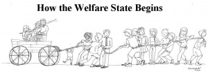 political cartoon welfare state wagon begins