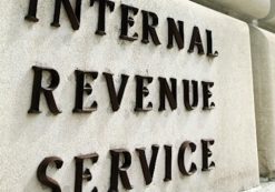 Sign on Internal Revenue Service (IRS) HQ building, Washington, DC