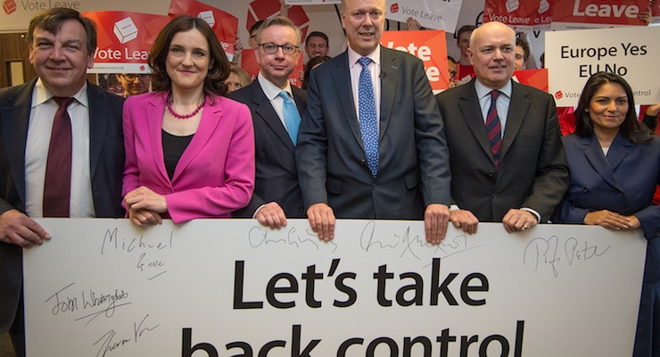 British Culture Secretary John Whittingdale, Northern Ireland Secretary Theresa Villiers Lord Chancellor and Justice Secretary Michael Gove, Leader of the House of Commons Chris Grayling, Work and Pensions Secretary Iain Duncan Smith and Employment Minister at the Department for Work and Pensions Priti Patel attend the launch of the eurosceptic Vote Leave campaign at the group's headquarters in central London on February 20, 2016. (Photo: AFP)