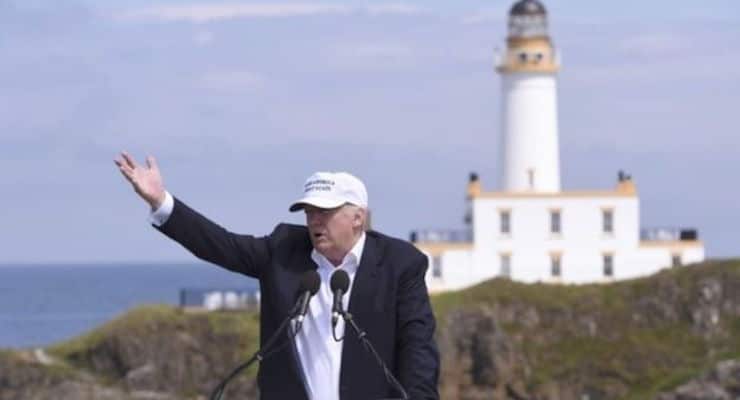 Presumptive Republican presidential nominee Donald J. Trump speaks in front of a lighthouse at Turnberry during a news conference. (Photo: Reuters)