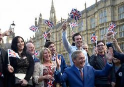 A very happy Nigel Farage (front), the leader of the United Kingdom Independence Party (UKIP) celebrates with supporters after the Brexit victory being the result of the EU referendum, outside the Houses of Parliament in London, Britain June 24, 2016. (Photo: REUTERS/Toby Melville)