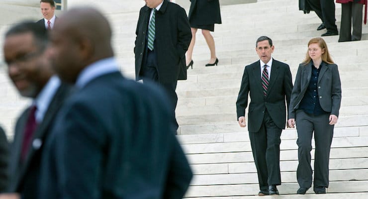 Abigail Fisher, right, with Edward Blum, director of the Project on Fair Representation, left the Supreme Court in Washington after oral arguments in her case last December. Her case argued the University of Texas, Austin, had denied her admission based on her race. Credit J. Scott Applewhite/Associated Press