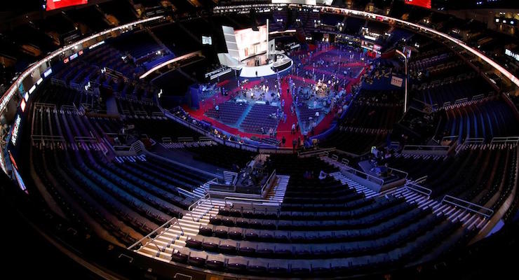 The stage is seen though silhouetted production equipment and a huge video screen at Quicken Loans Arena for the 2016 Republican National Convention, Sunday, July 17, 2016, in Cleveland. (Photo: AP)