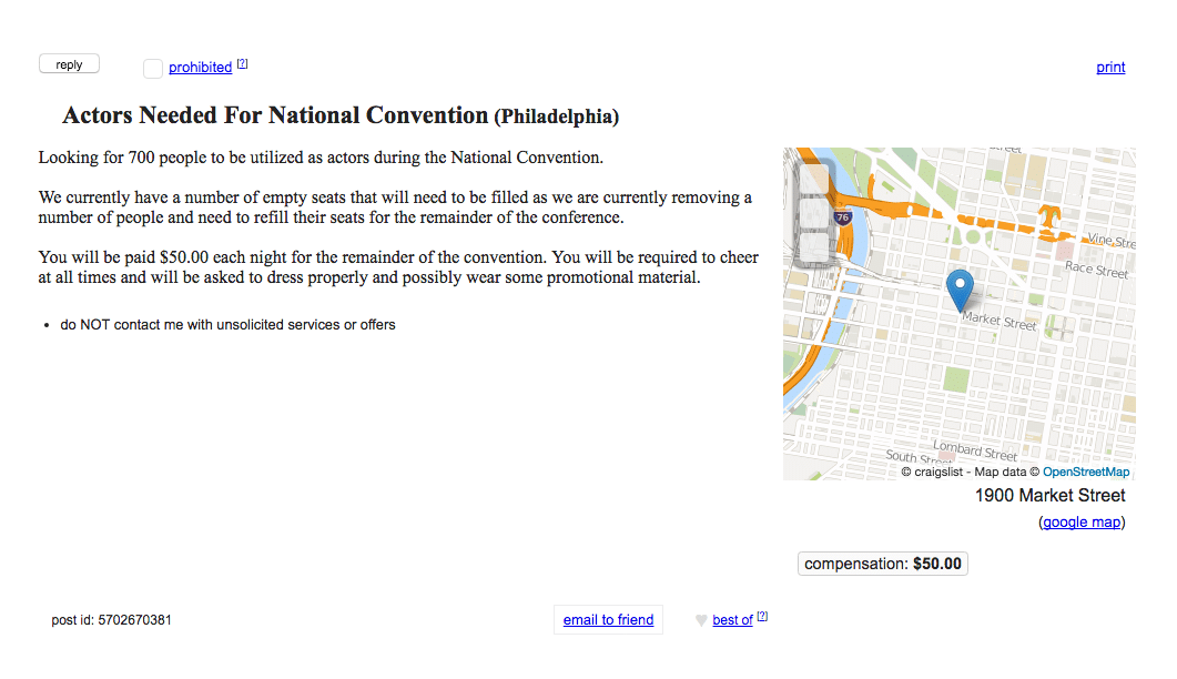 Craigslist ads offered $50.00 to actors to fill the "National Convention" during the final two days of the Democratic National Convention at the Wells Fargo Center in Philadelphia.