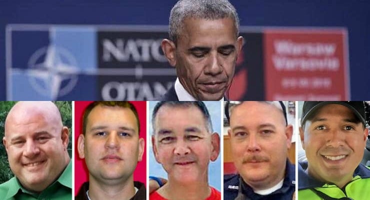 Top: U.S. President Barack Obama attends a press conference following a bilateral meeting on the sidelines of the NATO Summit in Warsaw, Poland, July 8, 2016. Bottom from left to right: Lorne Ahrens, Michael Krol, Michael J. Smith, Brent Thompson and Patrick Zamarripa were killed in Dallas. (Photo: AFP)