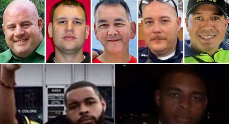 Top photo from left to right: Lorne Ahrens, Michael Krol, Michael J. Smith, Brent Thompson and Patrick Zamarripa were killed in Dallas. Bottom: Johnson's Facebook page showed him giving the "black power" salute. (Facebook)