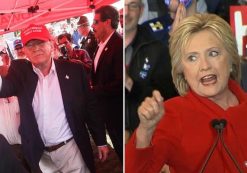 Donald Trump enjoys a pork chop on a stick at the Iowa State Fair on Sunday August 16, 2015. Hillary Clinton, right, speaks on the evening of the Iowa Democratic caucus, Feb. 1, 2016. (Photos: AP)