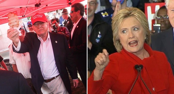 Donald Trump enjoys a pork chop on a stick at the Iowa State Fair on Sunday August 16, 2015. Hillary Clinton, right, speaks on the evening of the Iowa Democratic caucus, Feb. 1, 2016. (Photos: AP)