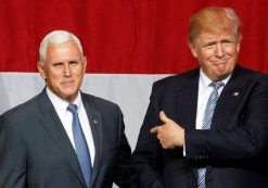 Republican presidential candidate Donald Trump, right, points to Indiana Gov. Mike Pence, left, during a rally in the Hoosier State. (Photo: Reuters)