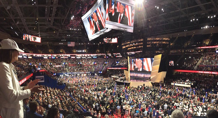 Donald Trump speaks to the Republican National Convention at the Quicken Loans Arena in Cleveland, Ohio.