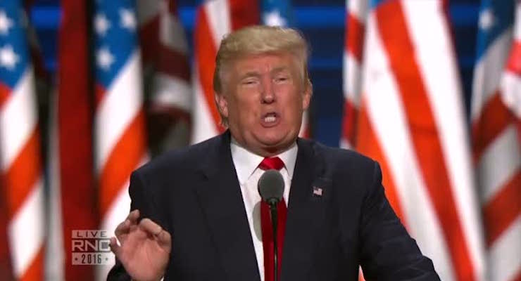 Donald Trump speaks at the Republican National Convention in Cleveland, Ohio at the Quicken Loans Arena.