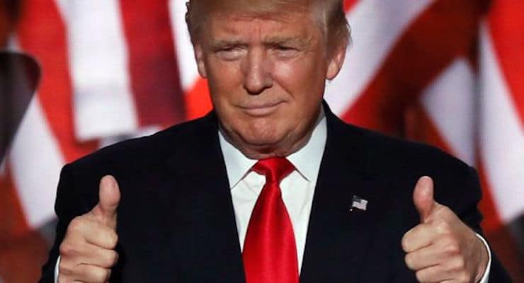 Donald Trump speaks at the Republican National Convention in Cleveland, Ohio at the Quicken Loans Arena.