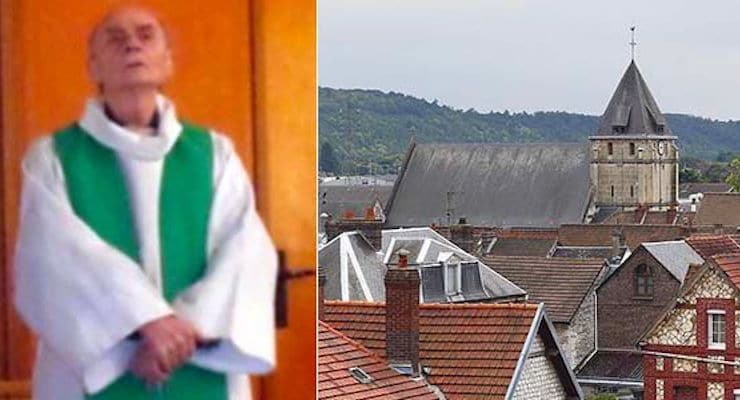 Priest Jacques Hamel, left, a Catholic priest who was killed in a terror attack on a church, right, in France that appeared on a hit list.