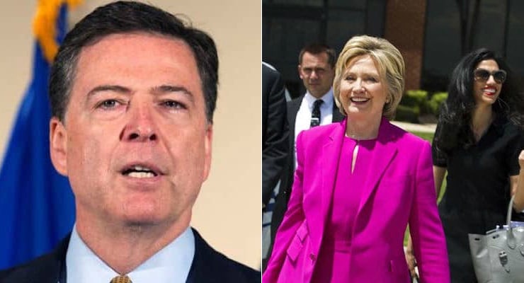 FBI Director James Comey, left, speaks during a press conference on July 5, 2016, while Hillary Clinton, right, followed by aide Huma Abedin, to her right, at Andrews Air Force Base on July 5, 2016. (Photos: AP)