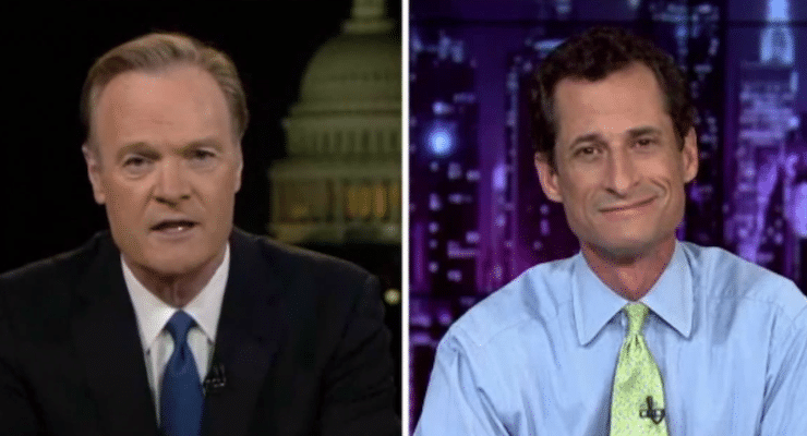 NBC host Lawrence O'Donnell, left, interviews disgraced former Democratic Rep. Anthony Weiner, right.