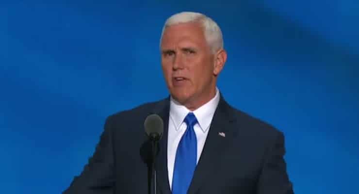 Indiana Gov. Mike Pence addresses the 2016 Republican National Convention at the Quicken Loans Arena in Cleveland, Ohio.
