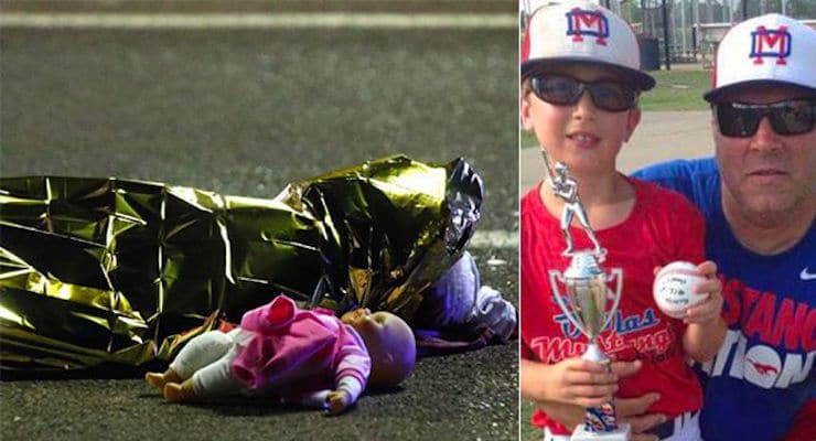 Sean Copeland, 51, right, and his 11-year-old son Brodie, to his left. A child's doll lies on the street beside the body of a young girl who was killed in last night's attack in Nice, a city in the south of France. (Photo: Reuters)