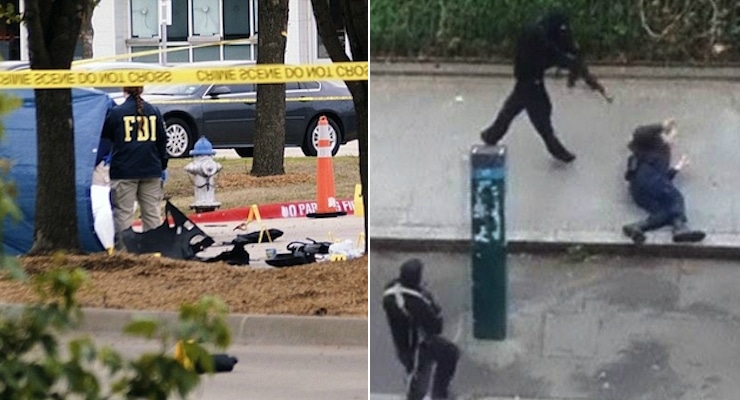 An FBI agent, left, looks at debris of a car blown up by police as a precaution, near the Curtis Culwell Center, on Monday morning. An image from video posted online shows masked gunmen just before one of them appears to shoot a Paris police officer at close range, following an attack on the office of weekly newspaper Charlie Hebdo, Jan. 7, 2015, in Paris, France.