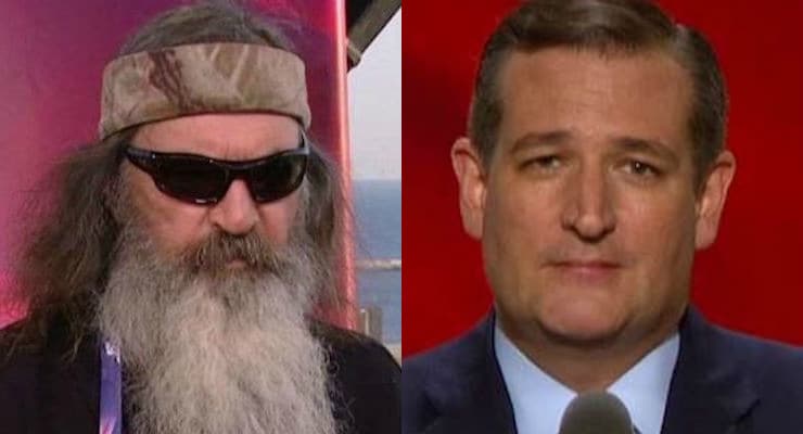 Duck Dynasty star Phil Robertson, left, speaks with the hosts of Fox and Friends. Sen. Ted Cruz, right, speaks to the Republican National Convention at the Quicken Loans Arena in Cleveland, Ohio. (Photos: People's Pundit Daily/Fox News)