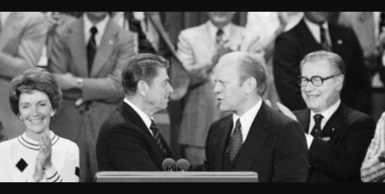 Ronald Reagan endorses President Gerald Ford at the 1976 Republican National Convention after a bitter primary, setting himself up to be the standard-bearer for the party in 1980.