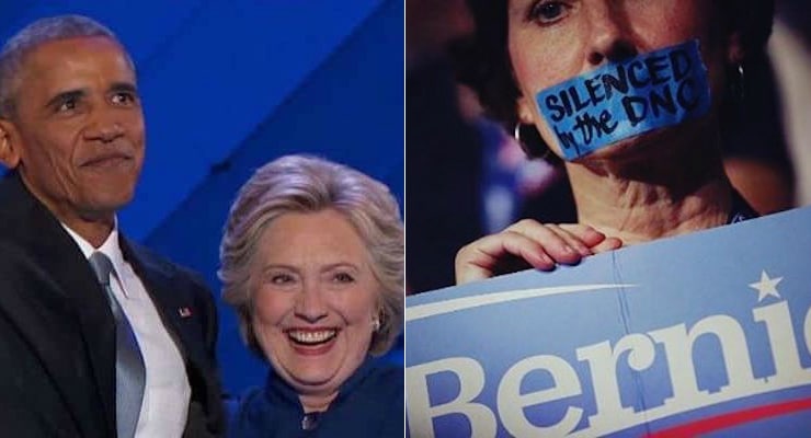 Democratic President Barack Obama and Hillary Clinton, left, and a supporter of Bernie Sanders, right, at the Democratic National Convention at the Wells Fargo Arena in Philadelphia. (Photos: AP)