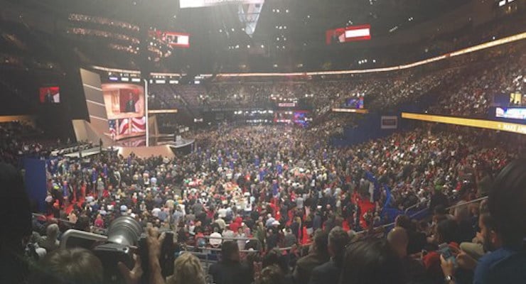 The crowd listens as Texas Sen. Ted Cruz speaks to the Republican National Convention at the Quicken Loans Arena in Cleveland, Ohio.