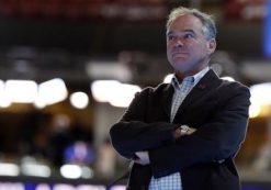Virginia Sen. Tim Kaine, the Democratic vice presidential nominee, listens to the delegate roll call vote at the 2016 Democratic National Convention.