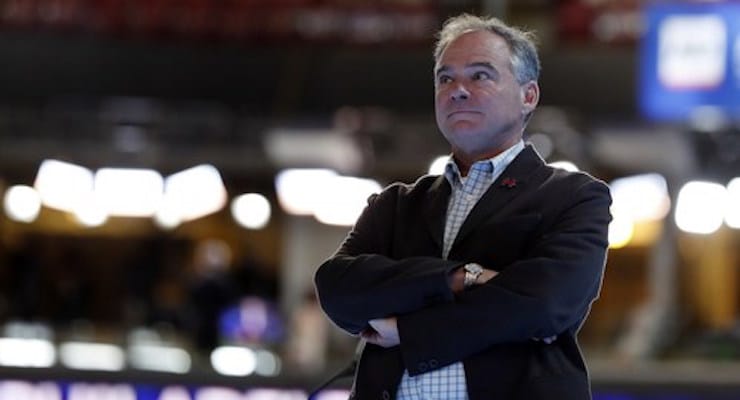 Virginia Sen. Tim Kaine, the Democratic vice presidential nominee, listens to the delegate roll call vote at the 2016 Democratic National Convention.