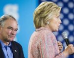 Virginia Sen. Tim Kaine, left, and Hillary Clinton, right, appear at an event together ahead of the Democratic National Convention.