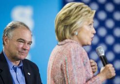 Virginia Sen. Tim Kaine, left, and Hillary Clinton, right, appear at an event together ahead of the Democratic National Convention.