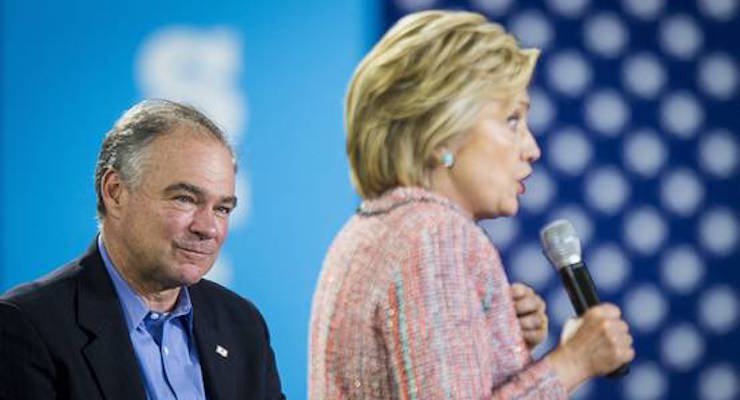 Virginia Sen. Tim Kaine, left, and Hillary Clinton, right, appear at an event together ahead of the Democratic National Convention.