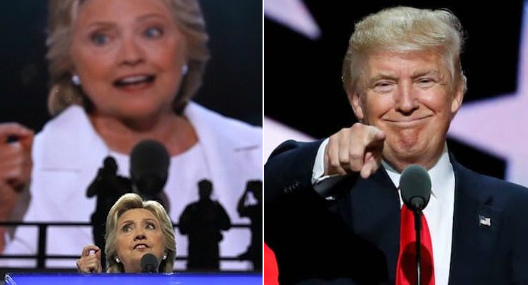 Donald J. Trump, right, addresses the Republican National Convention in Cleveland, while Hillary Clinton, left, addresses the Democratic National Convention in Philadelphia. (Photos: AP/Reuters)