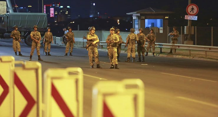 Soldiers in the Turkish military patrol the streets in Ankara during an attempted coup d'etat.