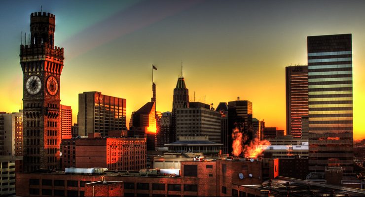 The skyline of the city of Baltimore at dusk.