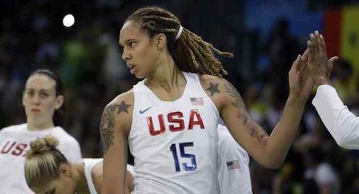 United States center Brittney Griner high fives teammates after a play during the second half of a women’s basketball game against Senegal at the Youth Center at the 2016 Summer Olympics in Rio de Janeiro, Brazil, Sunday, Aug. 7, 2016. The United States defeated Senegal 121-56. (Photo: AP/Carlos Osorio)