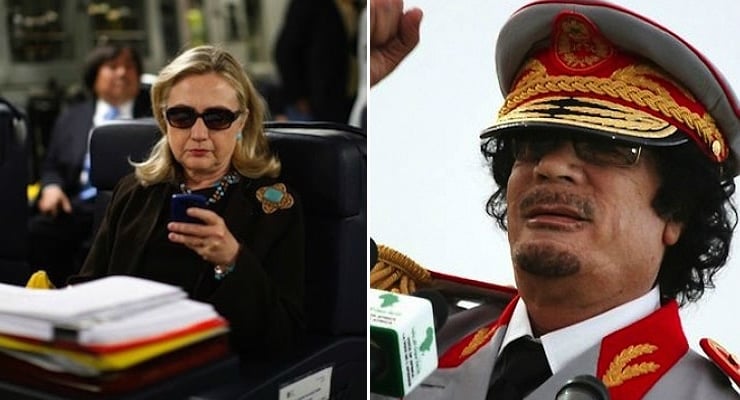 Then-Secretary Hillary Clinton, left, works from a desk inside a C-17 military plane following her departure from Malta, in the Mediterranean Sea, bound for Tripoli, Libya, Oct.18, 2011. Former Libyan dictator Col. Moammar Gaddafi, right. (Photo: Kevin Lamarque - Associated Press)