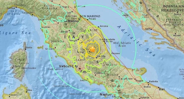 The U.S. Geological Survey measured the magnitude 6.2 earthquake in Italy and pegged the epicenter at Norcia, located roughly 105 miles northeast of Rome. The earthquake in Italy had a depth of about 6 miles.