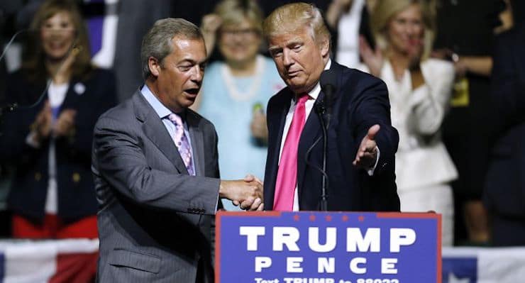 Donald Trump gives the stage over to former UKIP and Brexit leader Nigel Farage during a campaign rally in Mississippi. (Photo: Getty)