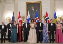 President Barack Obama and first lady Michelle Obama stand with Nordic leaders and their spouses. From left are, Solrun Lokke Rasmussen wife of Danish Prime Minister Lars Lokke Rasmussen, Sindre Finnes, husband of Norwegian Prime Minister Erna Solberg, Ingibjorg Elsa Ingjaldsdottir wife of Iceland Prime Minister Sigurdur Ingi Johannsson, Jenni Haukio wife of Finnish President Sauli Niinisto, and Ulla Lofven wife of Swedish Prime Minister Stefan Lofven. (PHOTO: Pablo Martinez Monsivais/AP)