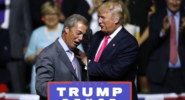 Donald Trump greets Nigel Farage during a campaign rally in Mississippi. (Photo: Getty)