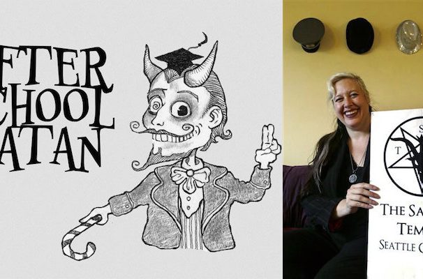 Photo on right shows Lilith Starr, chapter head of The Satanic Temple of Seattle. Left: After School Satan logo (Photo: AP/Associated Press/The Satanic Temple)