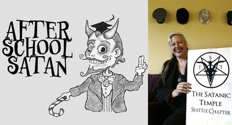 Photo on right shows Lilith Starr, chapter head of The Satanic Temple of Seattle. Left: After School Satan logo (Photo: AP/Associated Press/The Satanic Temple)