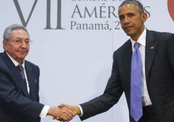 Apr. 11, 2015: US President Barack Obama and Cuban President Raul Castro shake hands during their meeting at the Summit of the Americas in Panama City, Panama. (Photo: AP)