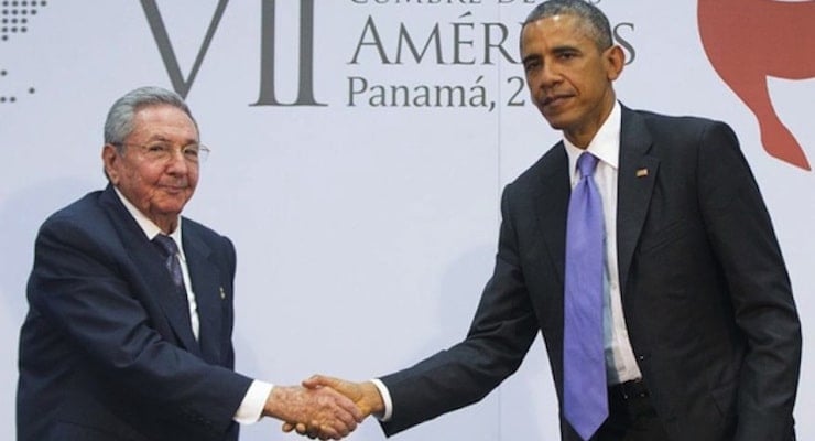 Apr. 11, 2015: US President Barack Obama and Cuban President Raul Castro shake hands during their meeting at the Summit of the Americas in Panama City, Panama. (Photo: AP)