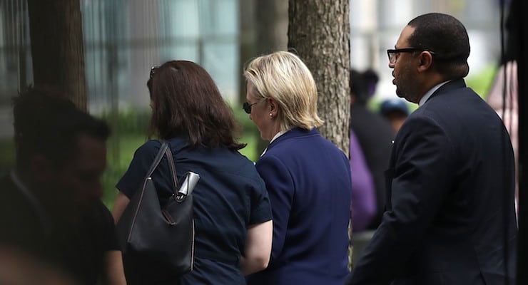 Democratic presidential candidate Hillary Clinton collapses at the 15th anniversary memorial service for the September 11 terror attacks. (Photo: Getty)