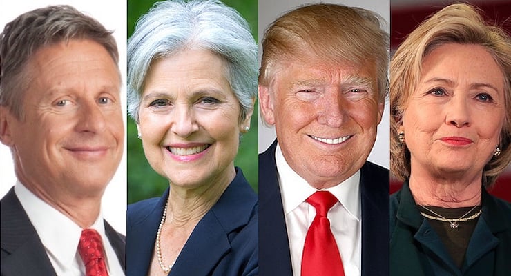 Election 2016 president candidates from left to right: Libertarian Party candidate Gov. Gary Johnson, Green Party candidate Dr. Jill Stein, Republican Party candidate Donald J. Trump, and Democratic Party candidate Hillary R. Clinton.