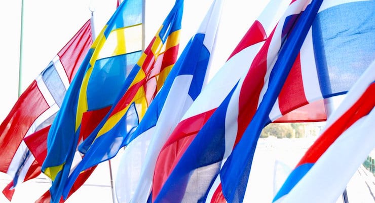 The flags of the Nordic nations such as Denmark, Norway, Sweden, Finland and Iceland.