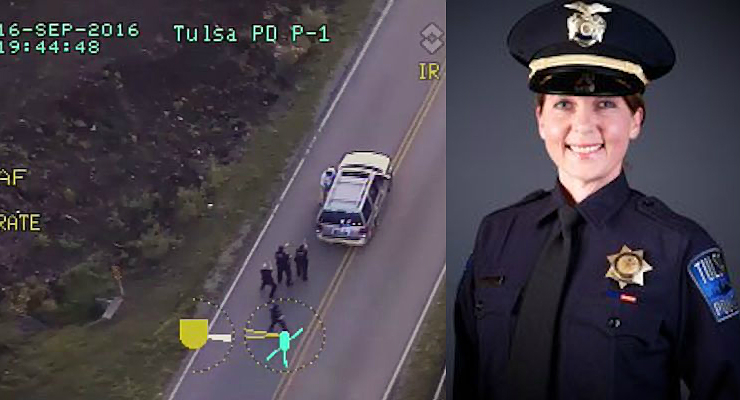 In this image made from a Friday, Sept. 16, 2016 police video, Terence Crutcher, left, is pursued by police officers, including Betty Shelby, right, as he walk to an SUV in Tulsa, Okla. Photo, right, provided by the Tulsa Oklahoma Police Department shows Officer Betty Shelby. (Photos: Tulsa Police Department via AP)