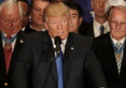 Flanked by two Medal of Honor recipients, Republican presidential candidate Donald Trump delivers remarks at a campaign event at the Trump International Hotel in Washington, D.C., U.S., September 16, 2016. (PHOTO: REUTERS/Mike Segar)
