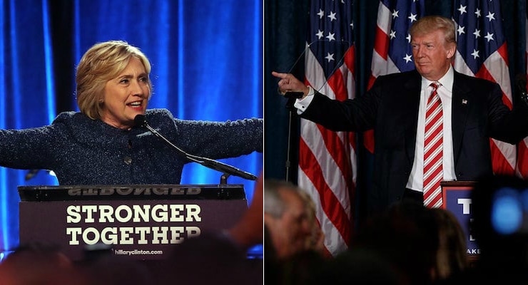 Hillary Clinton, left, speaks at a fundraiser in New York City, while Donald J. Trump, right, spoke about national defense at the Union League of Philadelphia. (Photos: AP)